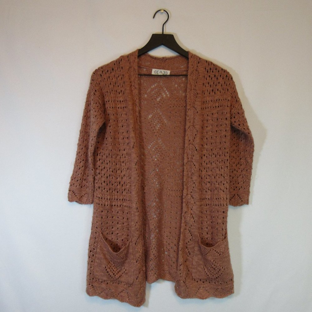 Pink Rose Crochet Open Front Cardigan Sweater - Picture 1 of 8